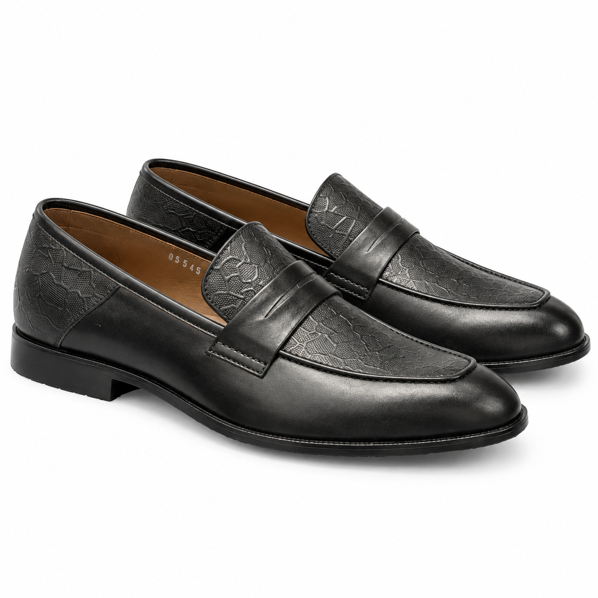 Black leather penny loafers with textured vamp panel for men – Ladir Store