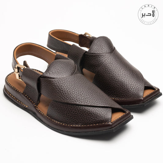 Side angle of Chocolate Black Zalmi Chappal showcasing its iconic Peshawari design.