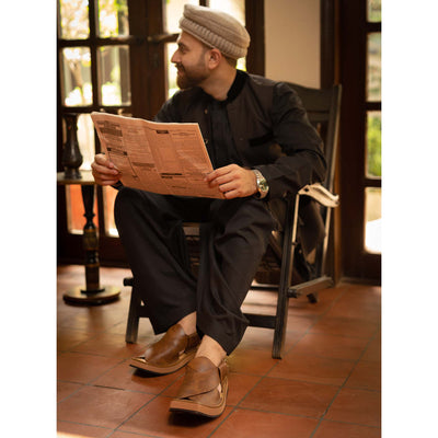 "LADIR Kaptaan Heel Double Brown Sandal - Modern Peshawari Chappal Design"