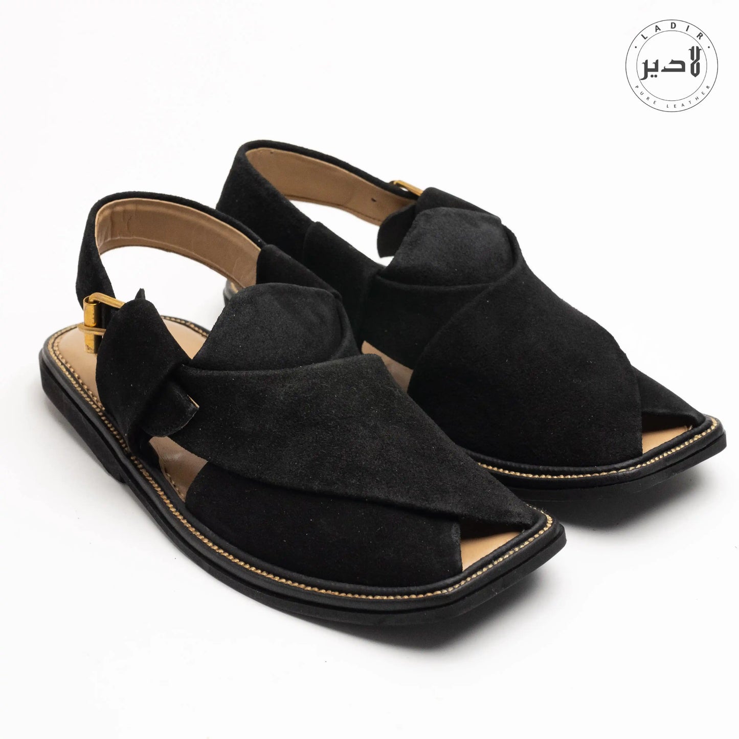 Side angle of BLACK SUEDE Peshawari Chappal highlighting its iconic design.