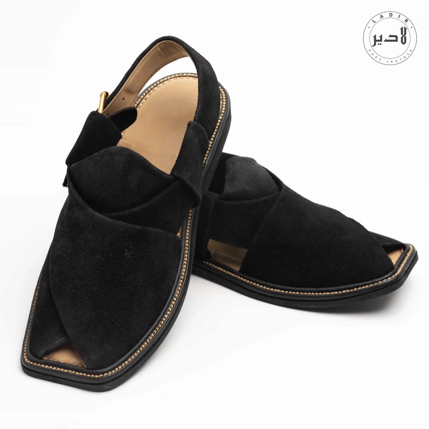 Top view of BLACK SUEDE Peshawari Chappal emphasizing its elegant craftsmanship.