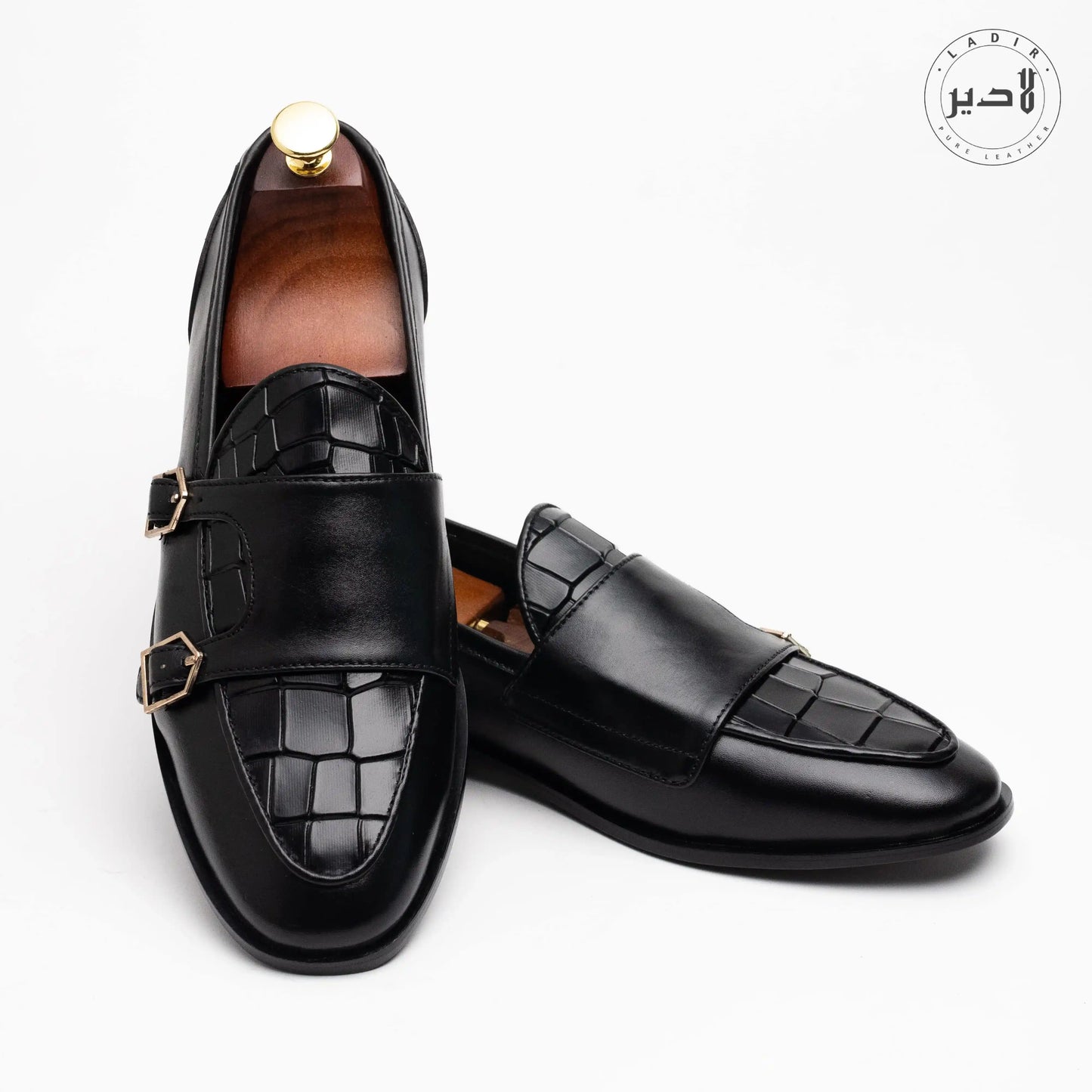 Front view of CROC BLACK dress shoes, highlighting the croc-embossed leather texture and polished black finish.