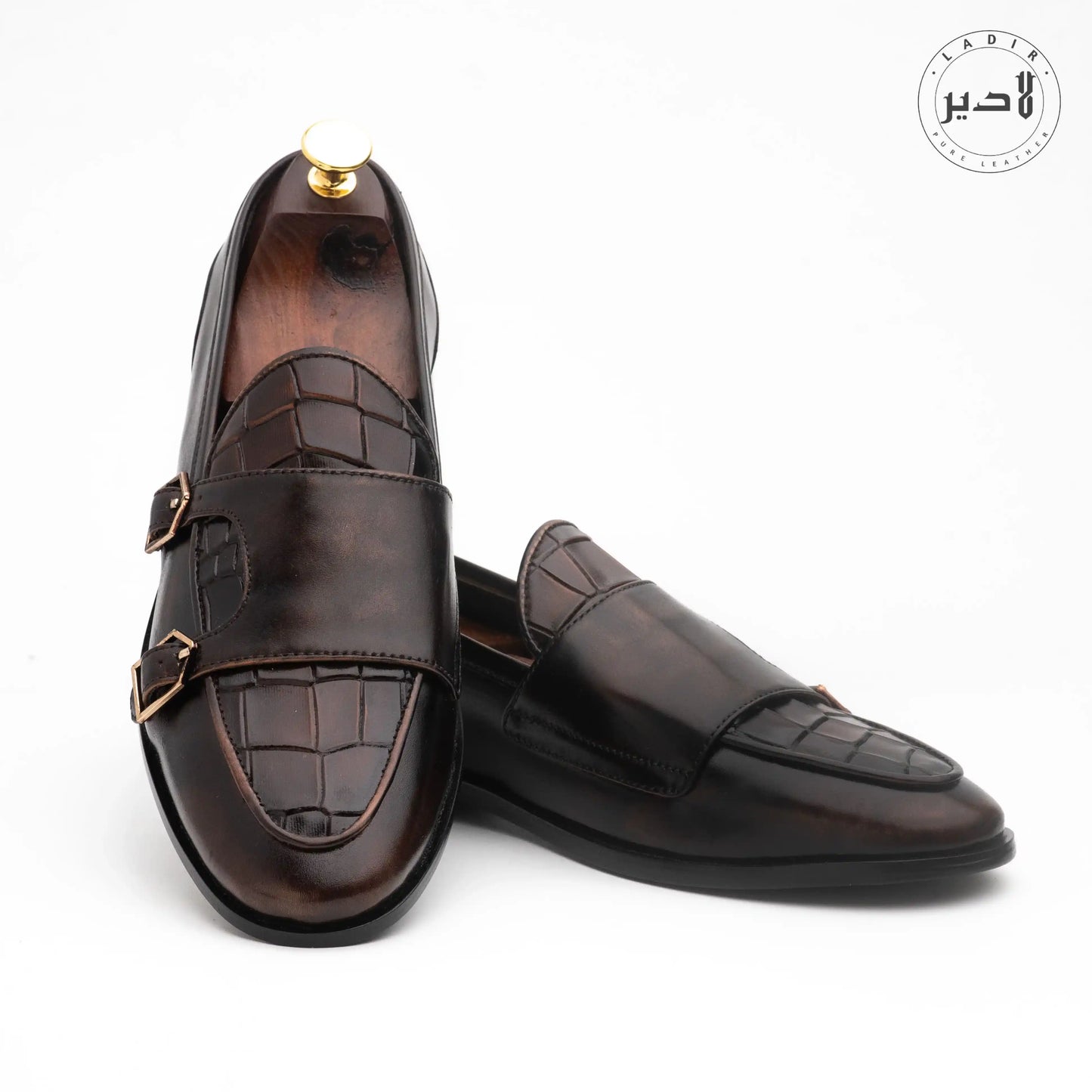 Front view of CROC BROWN dress shoes, showcasing the unique croc-embossed leather texture and classic brown finish.