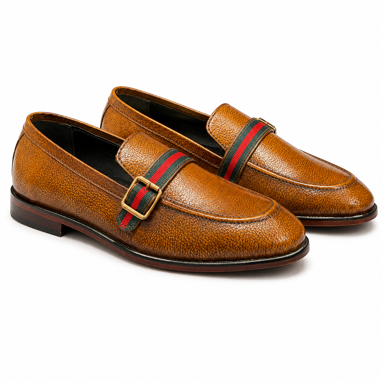 Preston — Brown Leather Loafers with Striped Web Strap