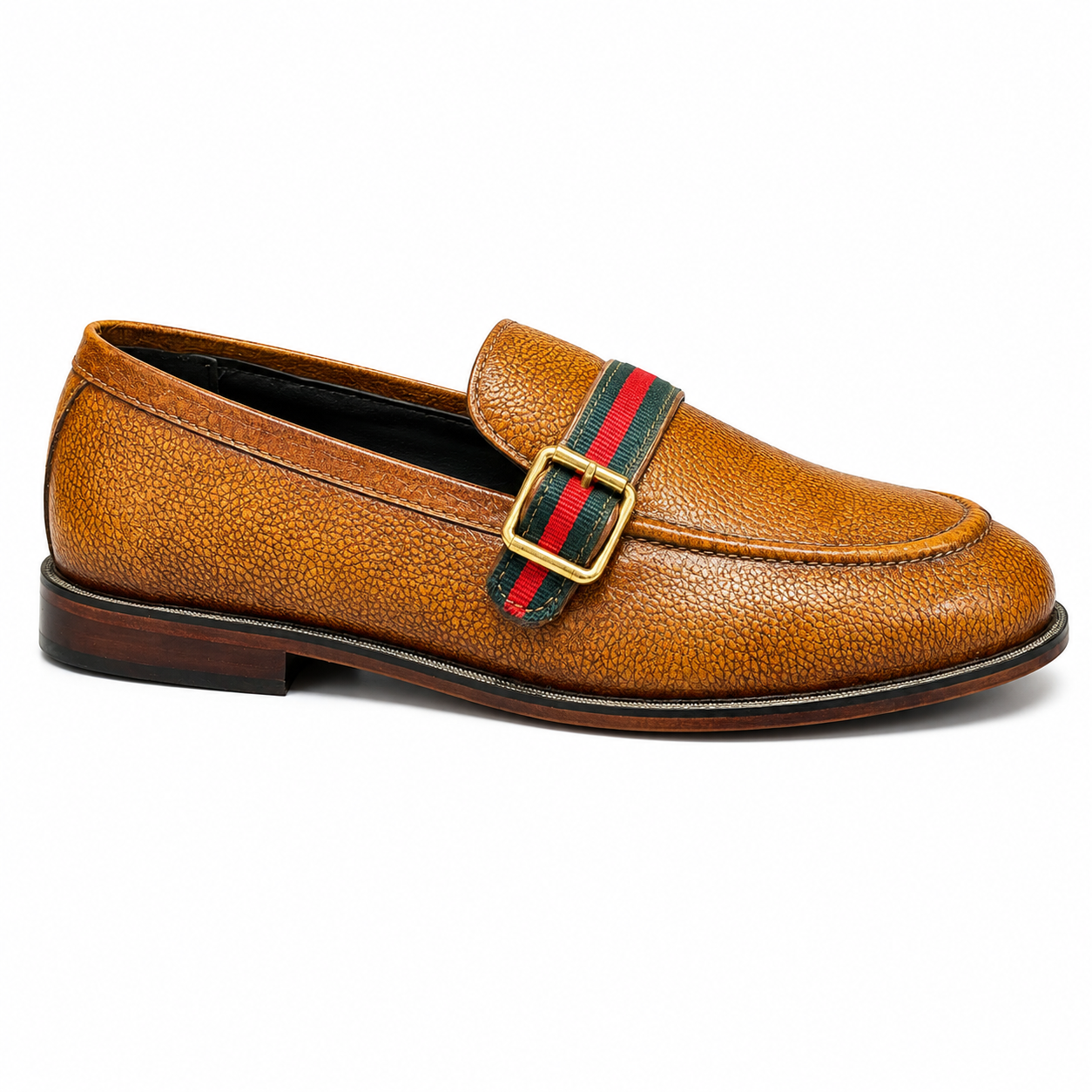 Preston — Brown Leather Loafers with Striped Web Strap