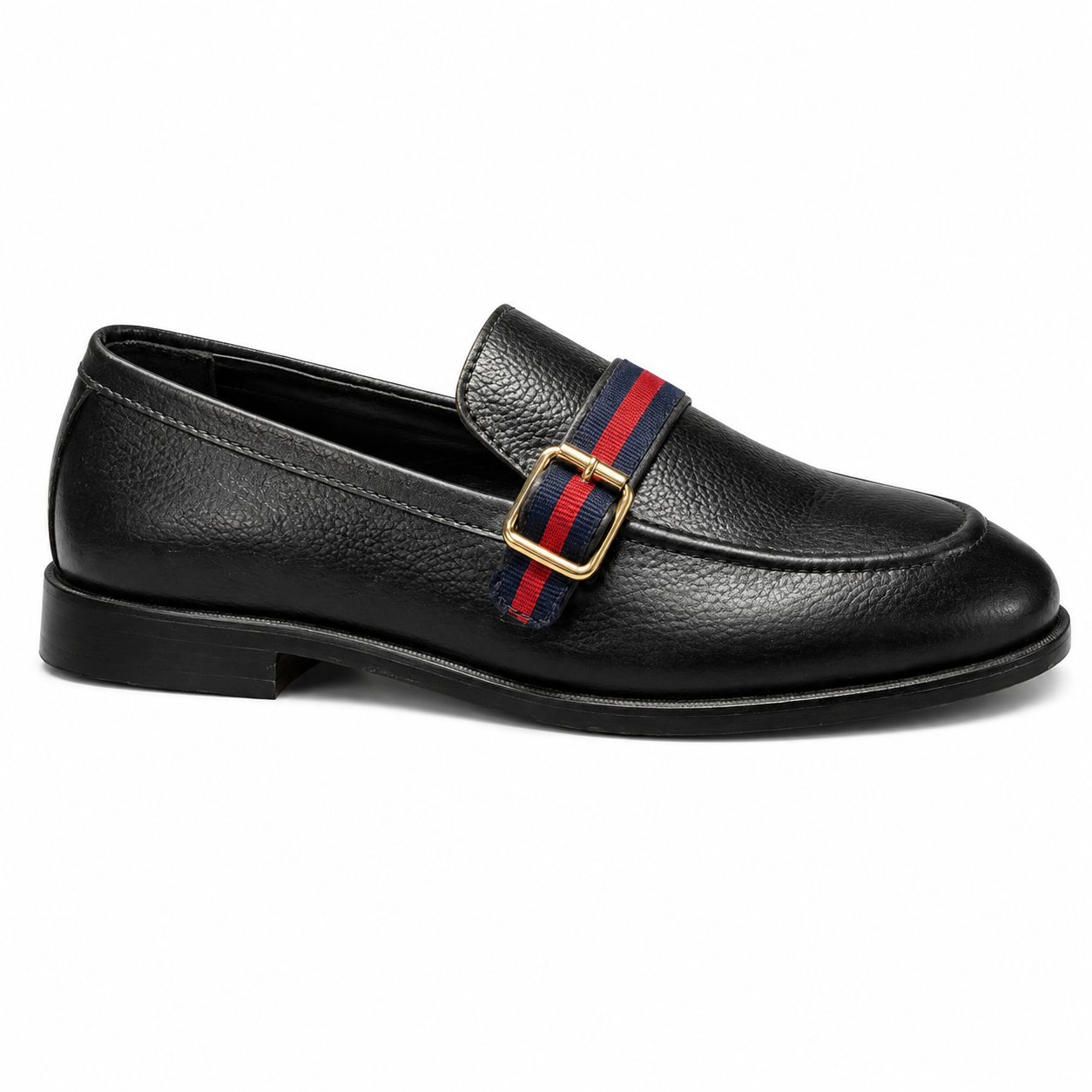 Preston — Black Leather Loafers with Striped Web Strap