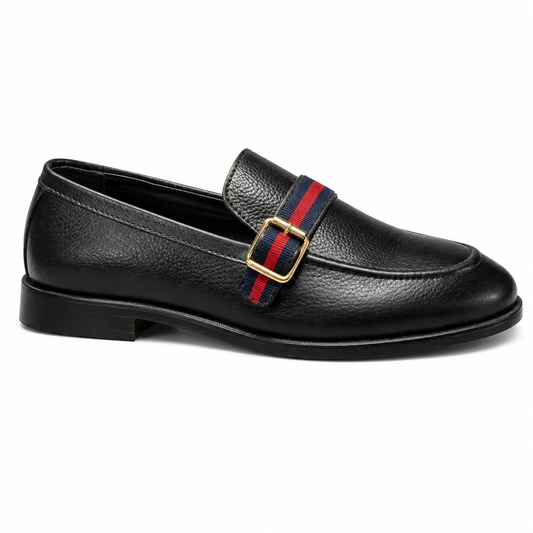 Preston — Black Leather Loafers with Striped Web Strap