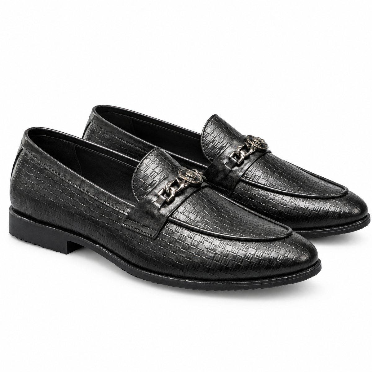 Woven black leather loafers with chain buckle for men – Ladir Store