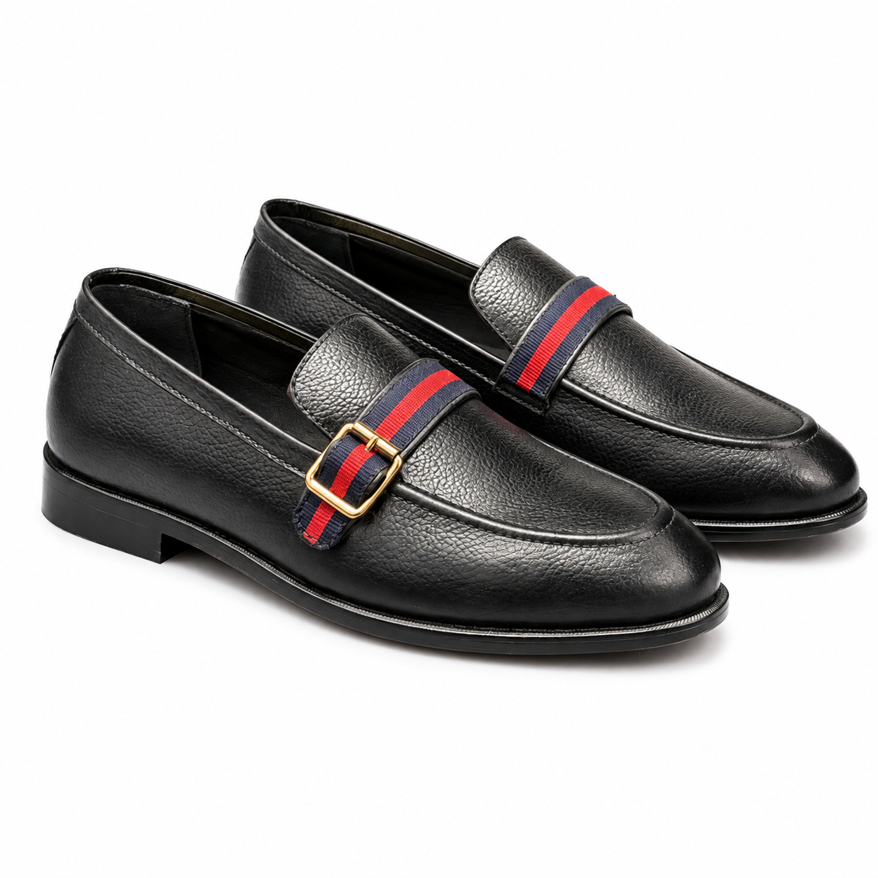 Preston — Black Leather Loafers with Striped Web Strap