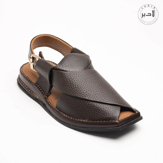 Front view of Chocolate Black Zalmi Chappal highlighting its premium leather finish.