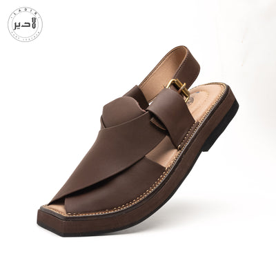 "Brown Heel Chappal by Ladir Kaptaan - Handcrafted kaptaan chappal with tire sole."