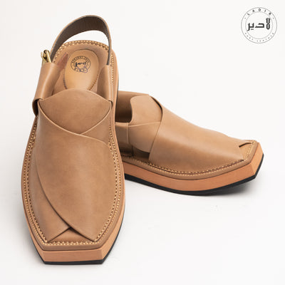 "Handcrafted Ladir Kaptaan Fawn Sandal - Premium Peshawari chappal with a stable heel."