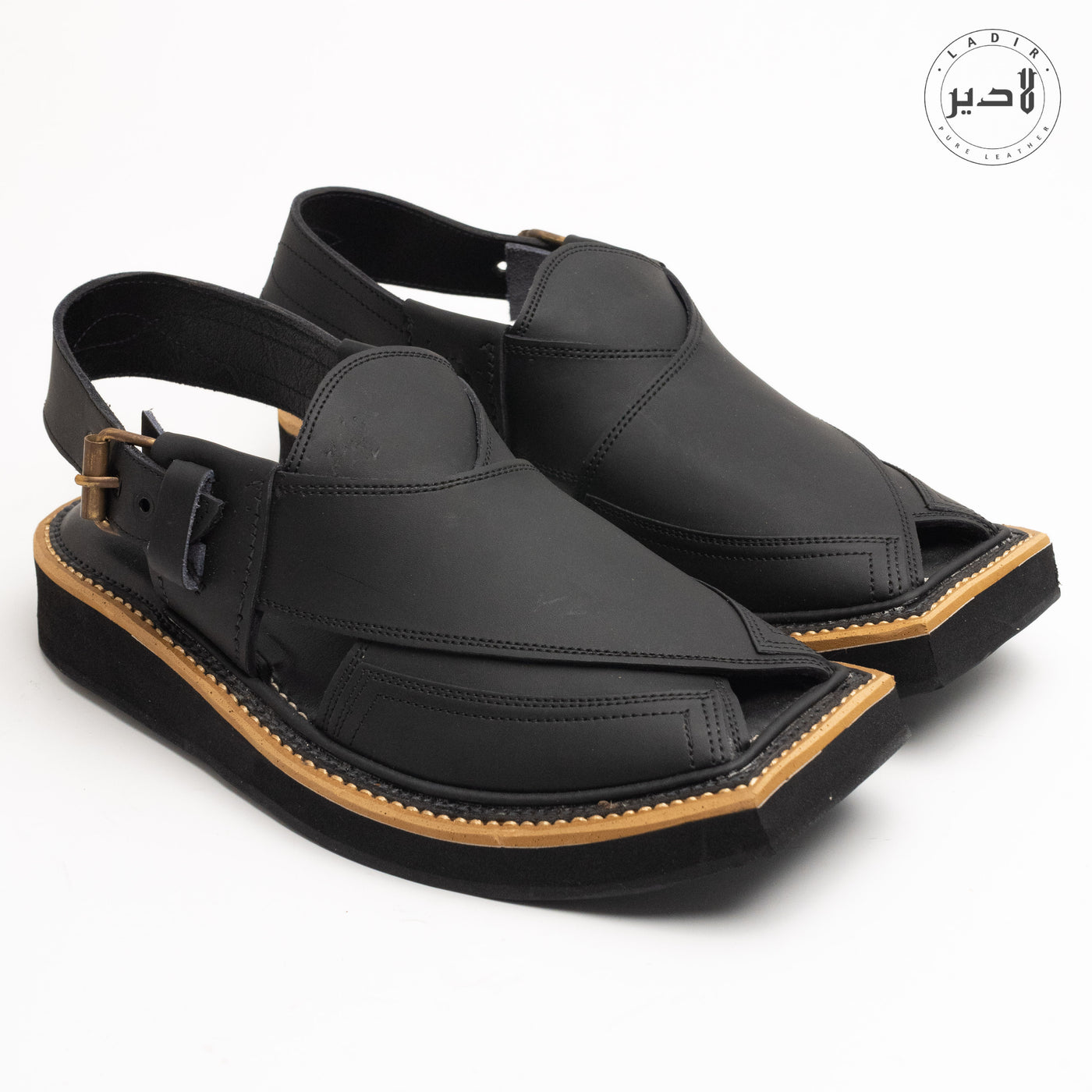 "Close-Up of Ladir Kaptaan chappal Matte Black Sandal (KN-105) - Detailing and Finish"