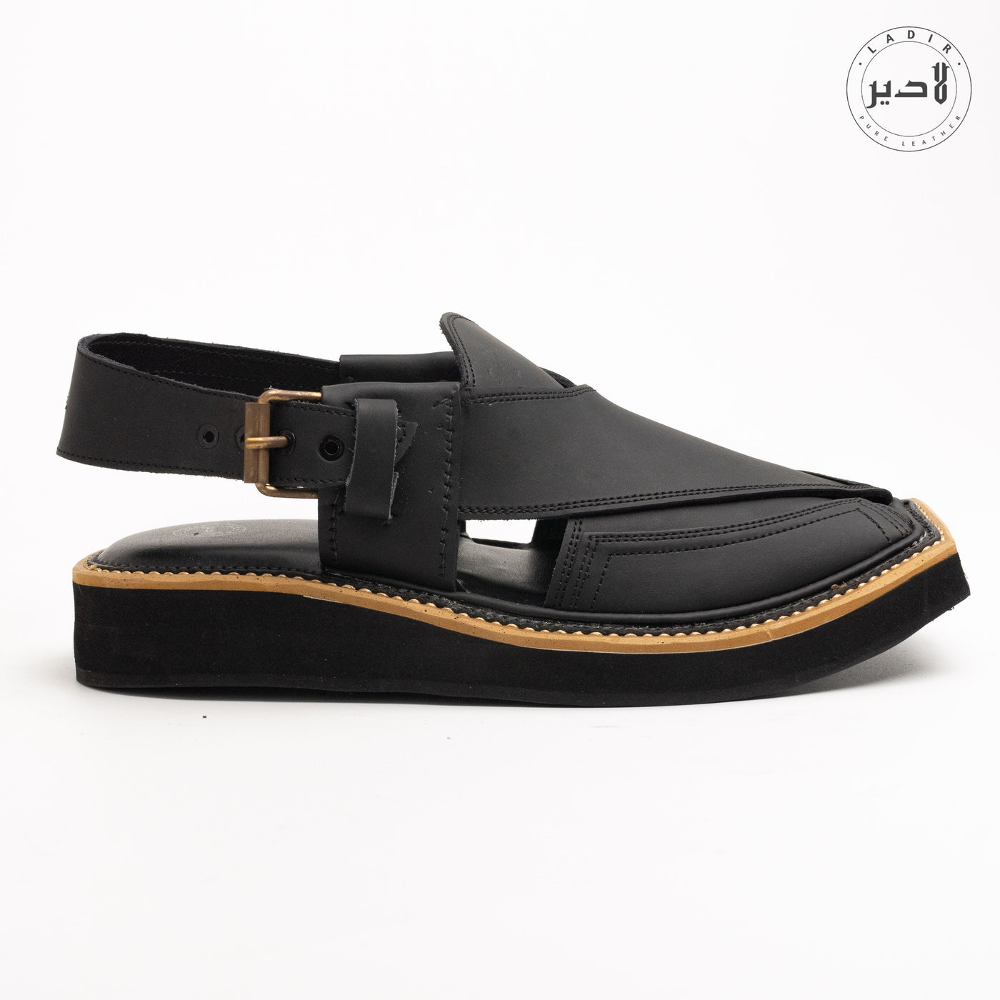 "Side View of Ladir Kaptaan Matte Black Sandal (KN-105) - Sleek Matte Black Design"