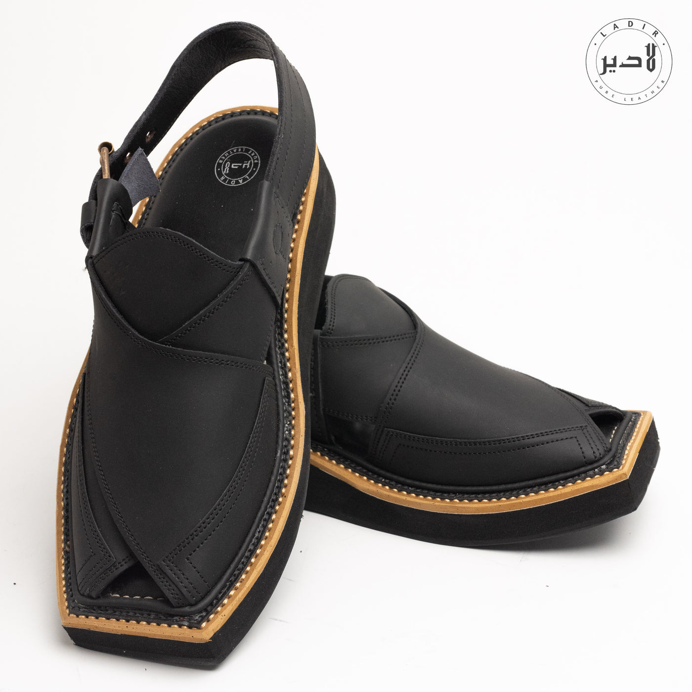 "Top View of Ladir Kaptaan chappal Matte Black Sandal (KN-105) - Comfortable Leather Lining"