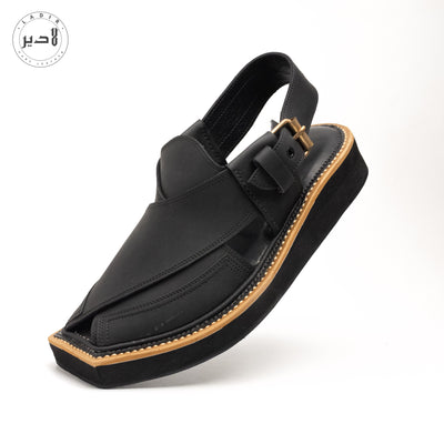 "Close-Up of Ladir Kaptaan chappal Matte Black Sandal (KN-105) - Detailing and Finish"