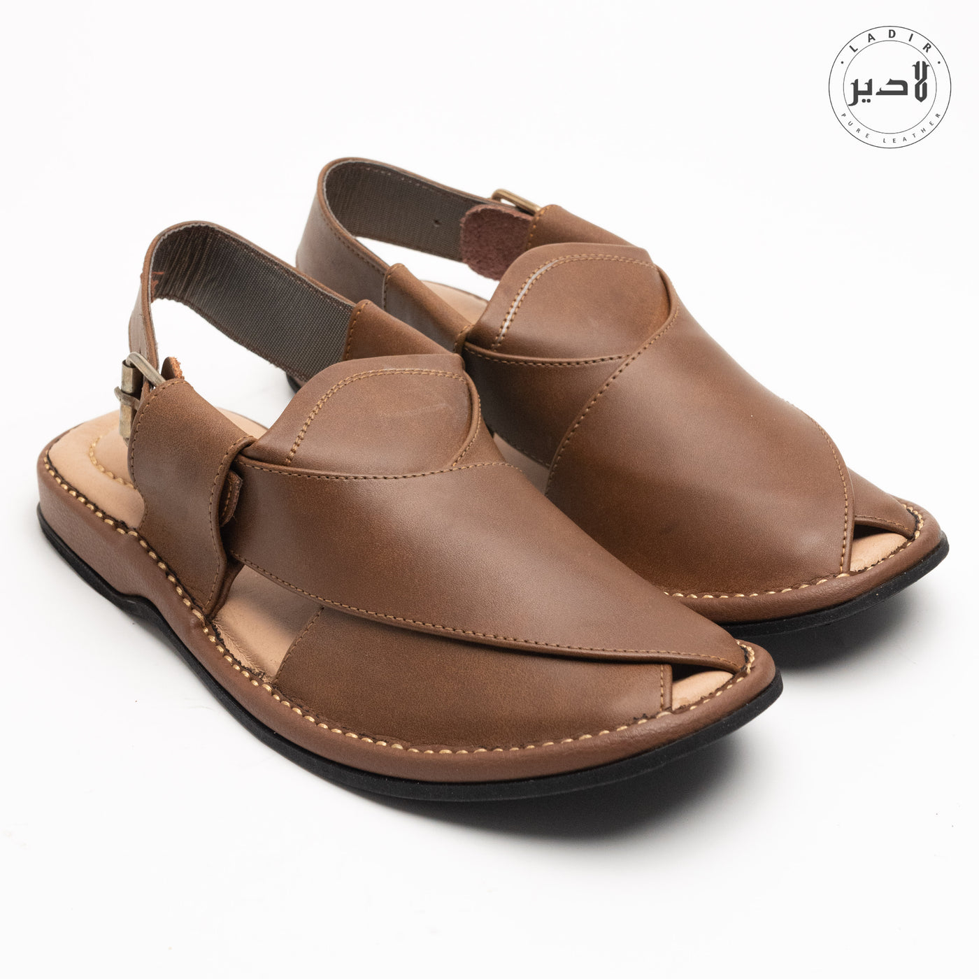 "Close-up of the rich walnut brown leather of the Ladir Round Shape Sandal, showing its fine texture and precision stitching."