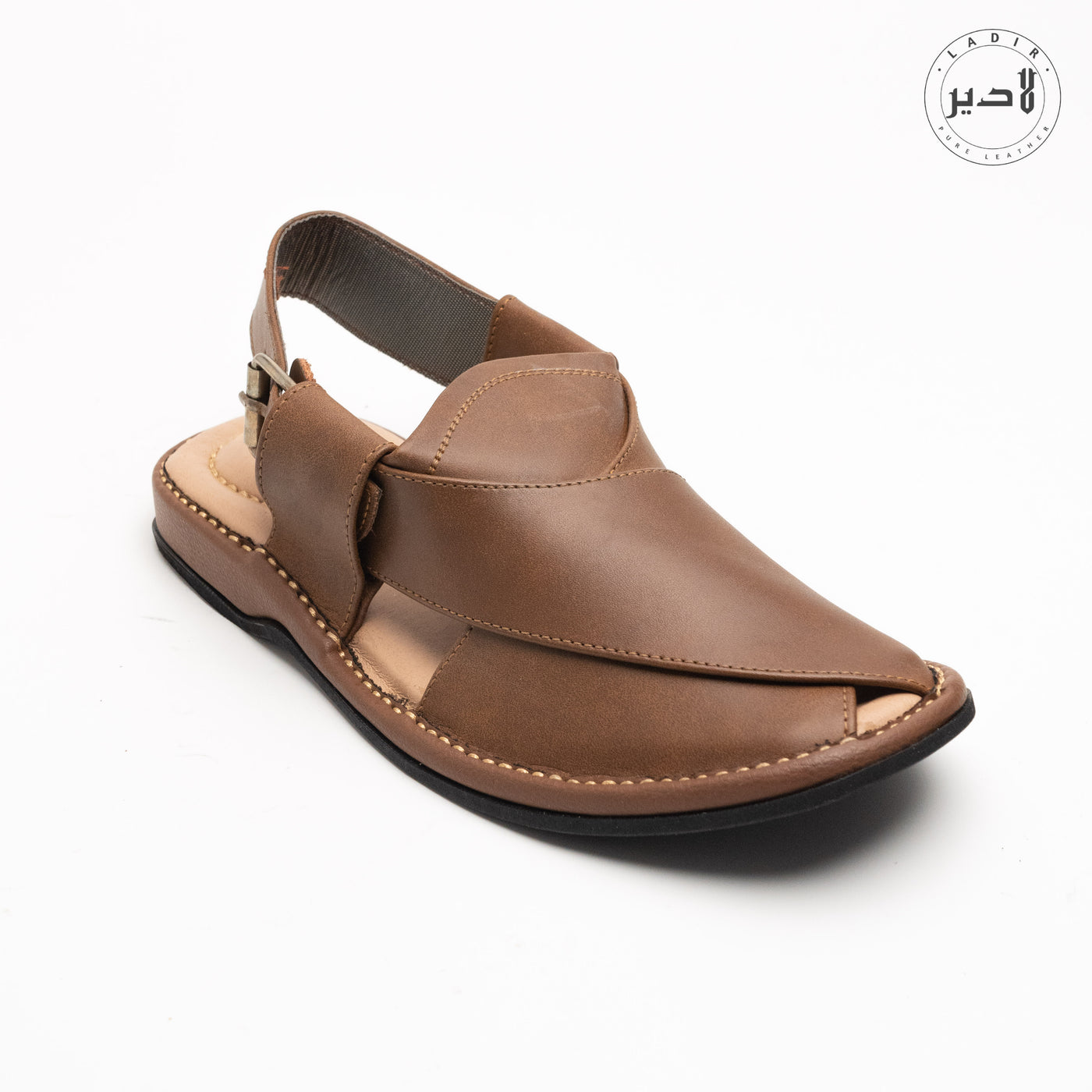 "Ladir Round Shape Walnut Brown Sandal showcasing rich walnut brown leather and modern round design."