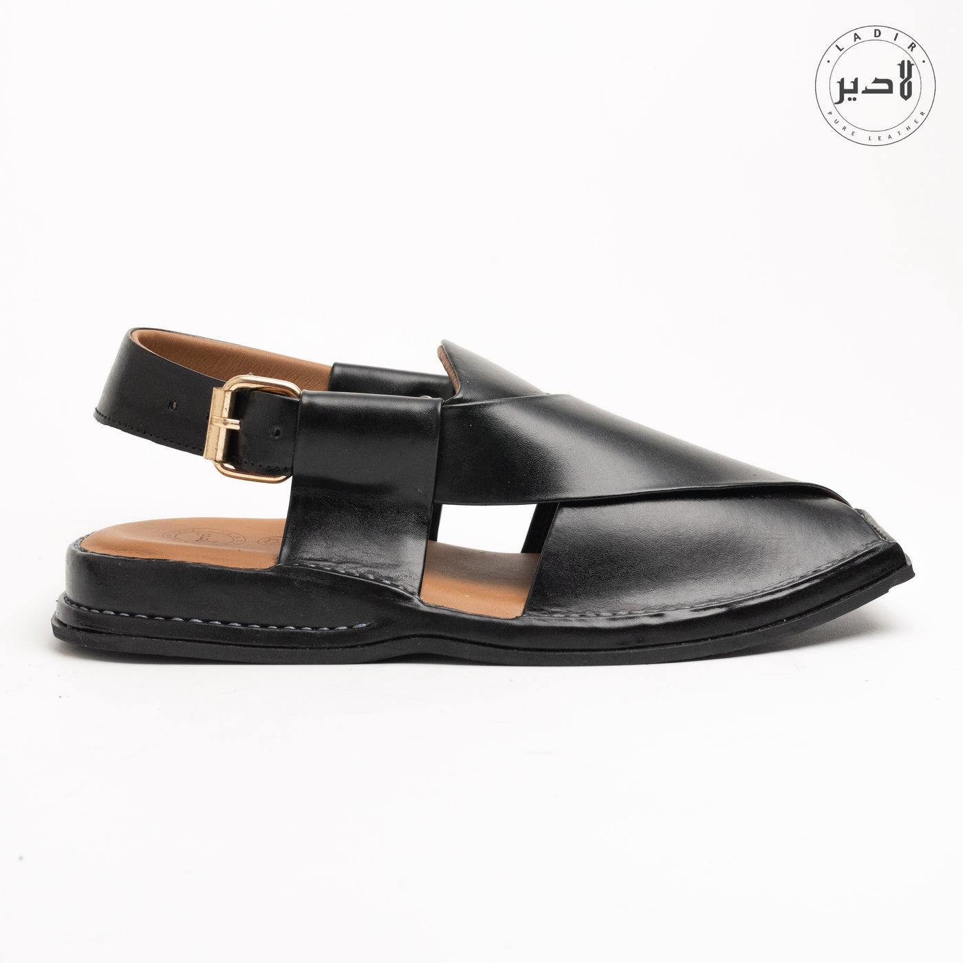 "LADIR XALMI GLOSSY BLACK SANDAL - Side View of Peshawri Chappal"