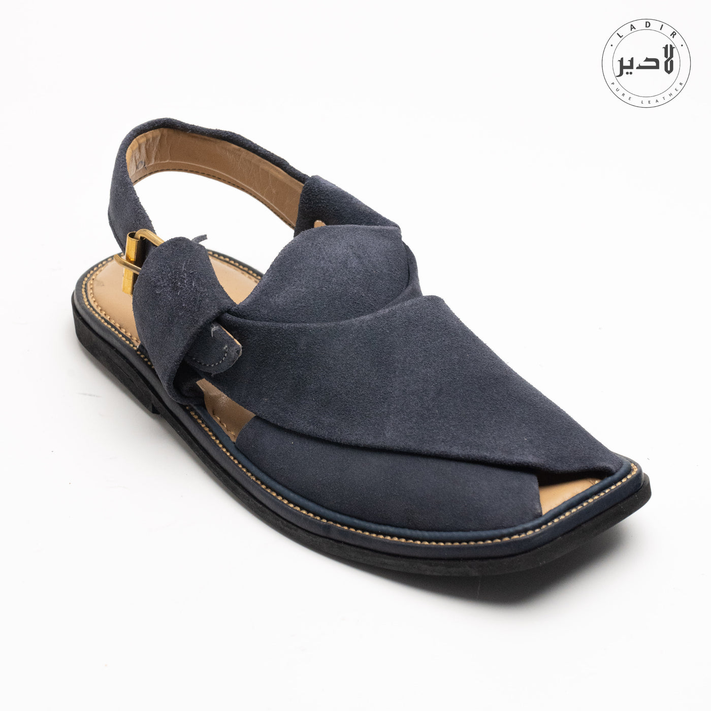 "Top view of the Ladir Blue Suede Sandal emphasizing the plush padding and adjustable fitting strip."