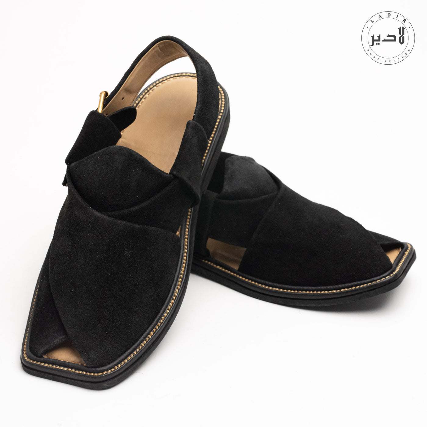 "Detail shot of adjustable fitting strip on Ladir BLACK SUEDE Sandal"