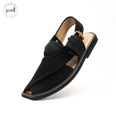 "Top-down view of Ladir BLACK SUEDE Sandal emphasizing plush padding in leather lining"