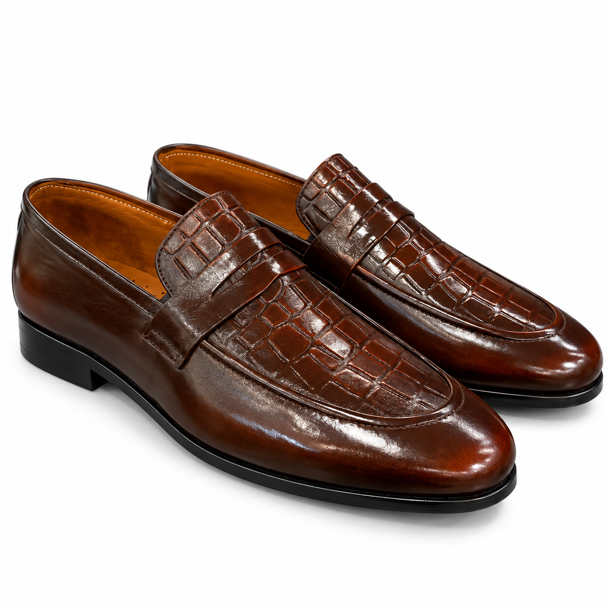 MARQUIS BROWN Croc-Embossed Penny Loafers