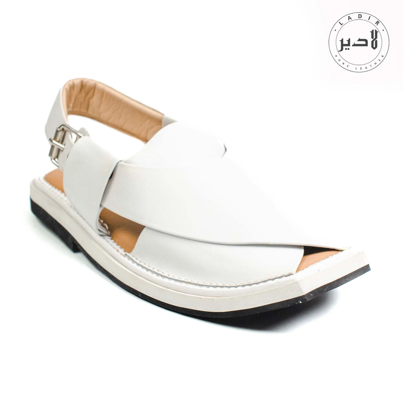 "Ladir Kaptaan Heel White Chappal - Premium Peshawari chappal with refined leather craftsmanship."