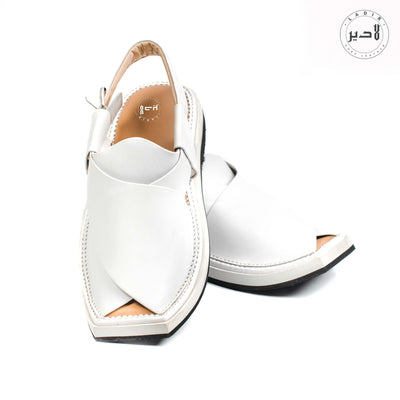 "White Ladir Kaptaan Heel Chappal - Durable Peshawari chappal design with tire sole."