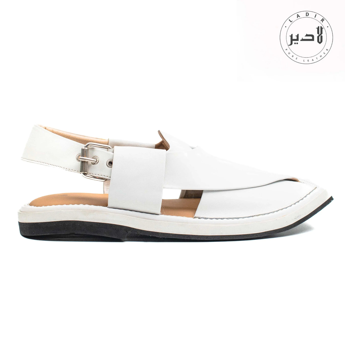 "Ladir Kaptaan Heel White Chappal - Luxurious Peshawari chappal with adjustable strap."