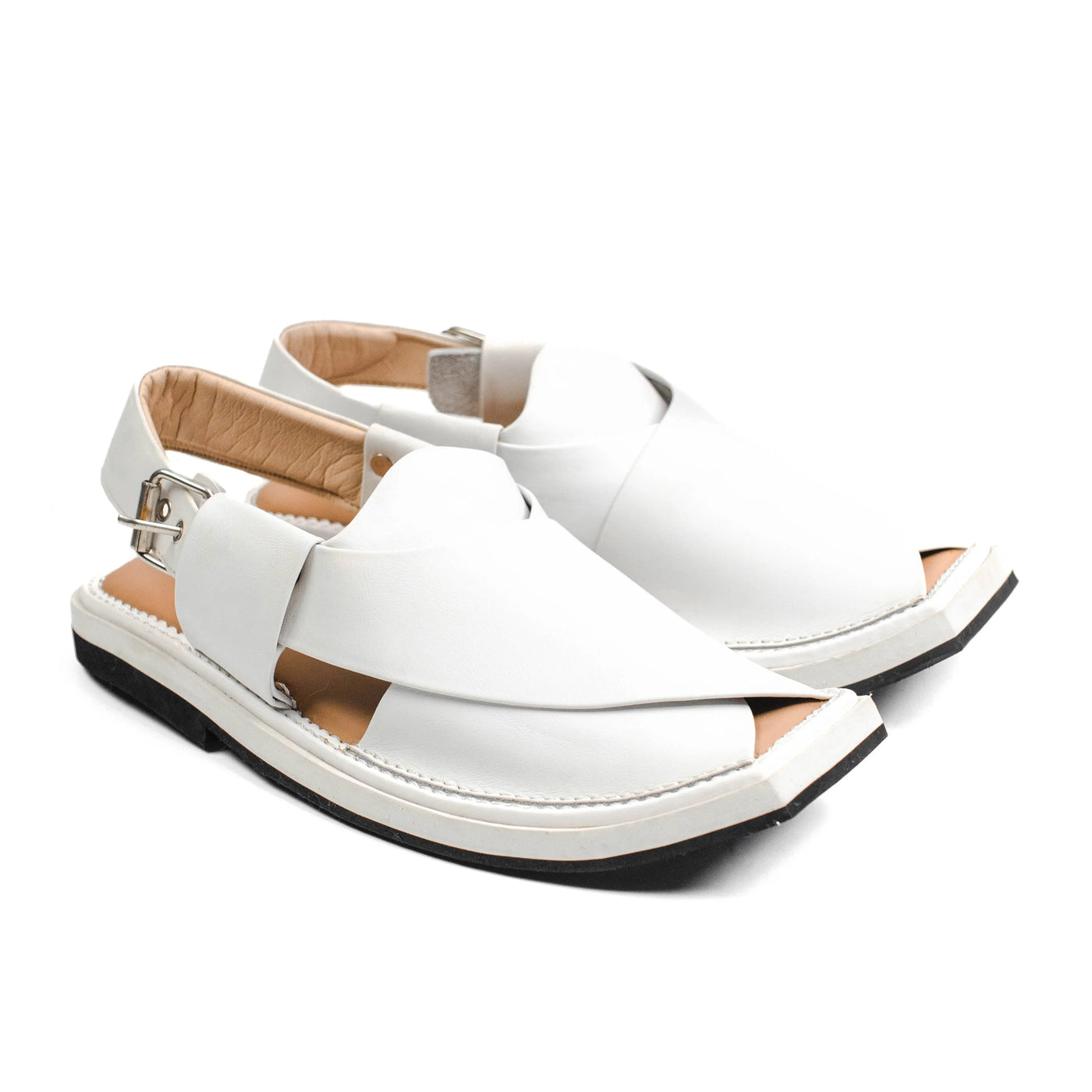 "Ladir Kaptaan Heel White Chappal - Traditional Peshawari chappal with contemporary twist."