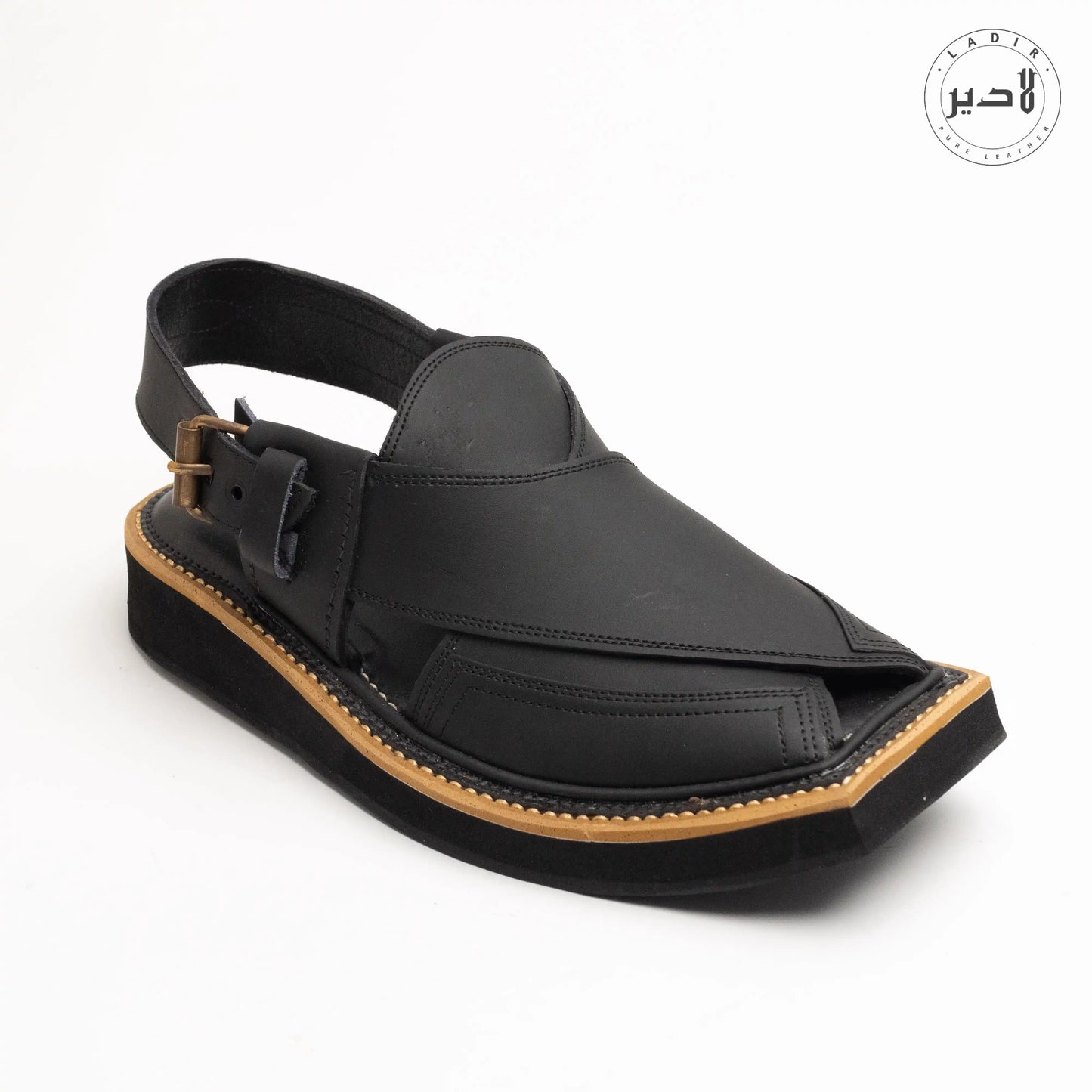 Front view of MATTE BLACK Kaptaan Chappal showcasing its sleek matte black leather and traditional Peshawari design.