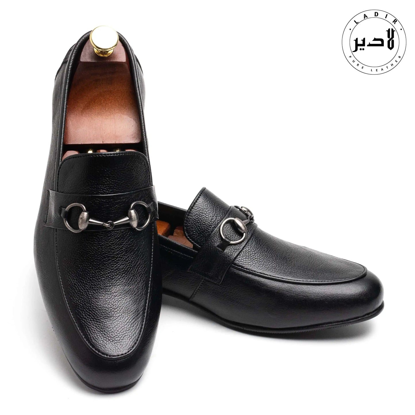 Front view of MOCA BLACK dress shoes, featuring a sleek black leather finish and elegant design for formal occasions.
