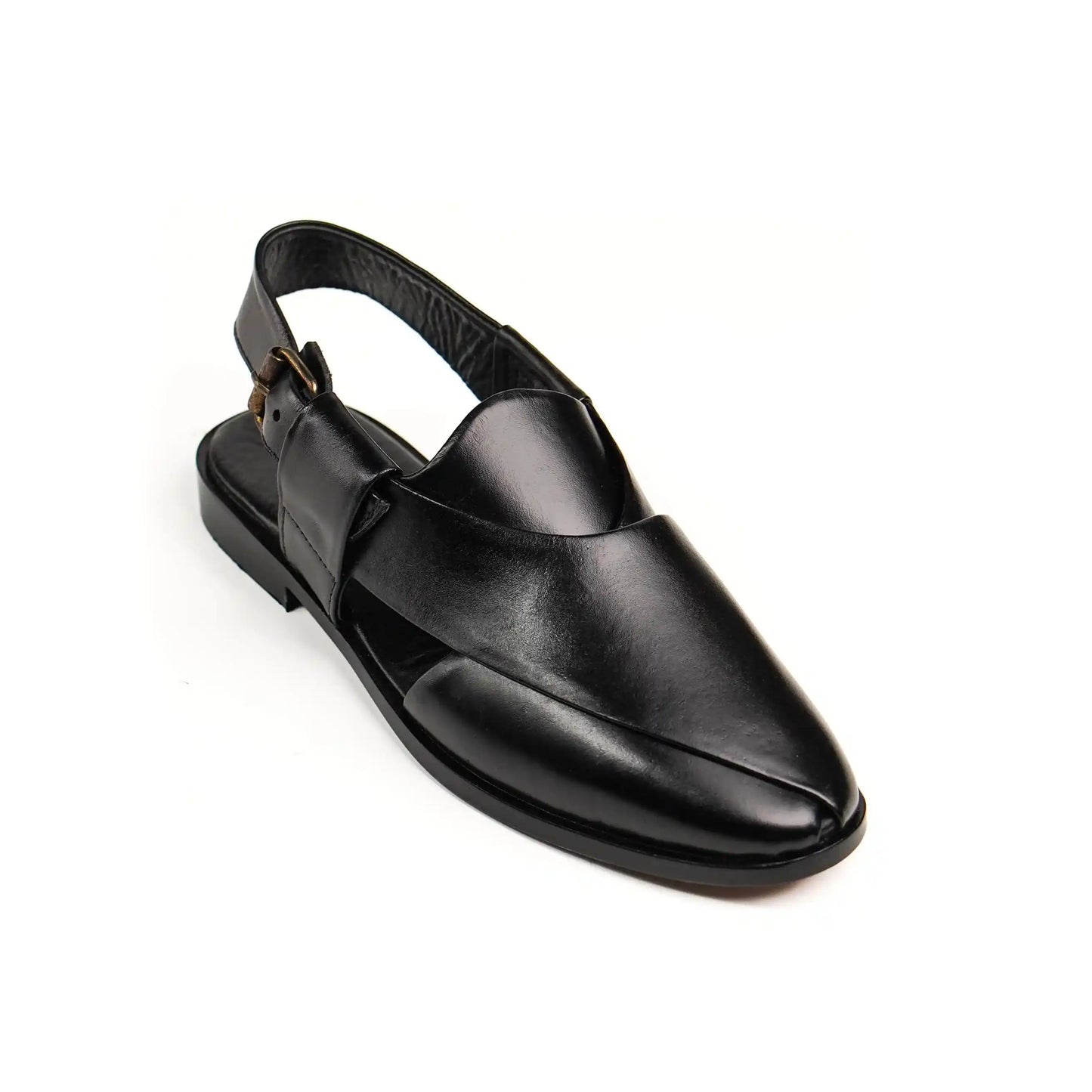 Side angle of NOVA BLACK Peshawari Chappal for men, showcasing their elegant silhouette and refined design.