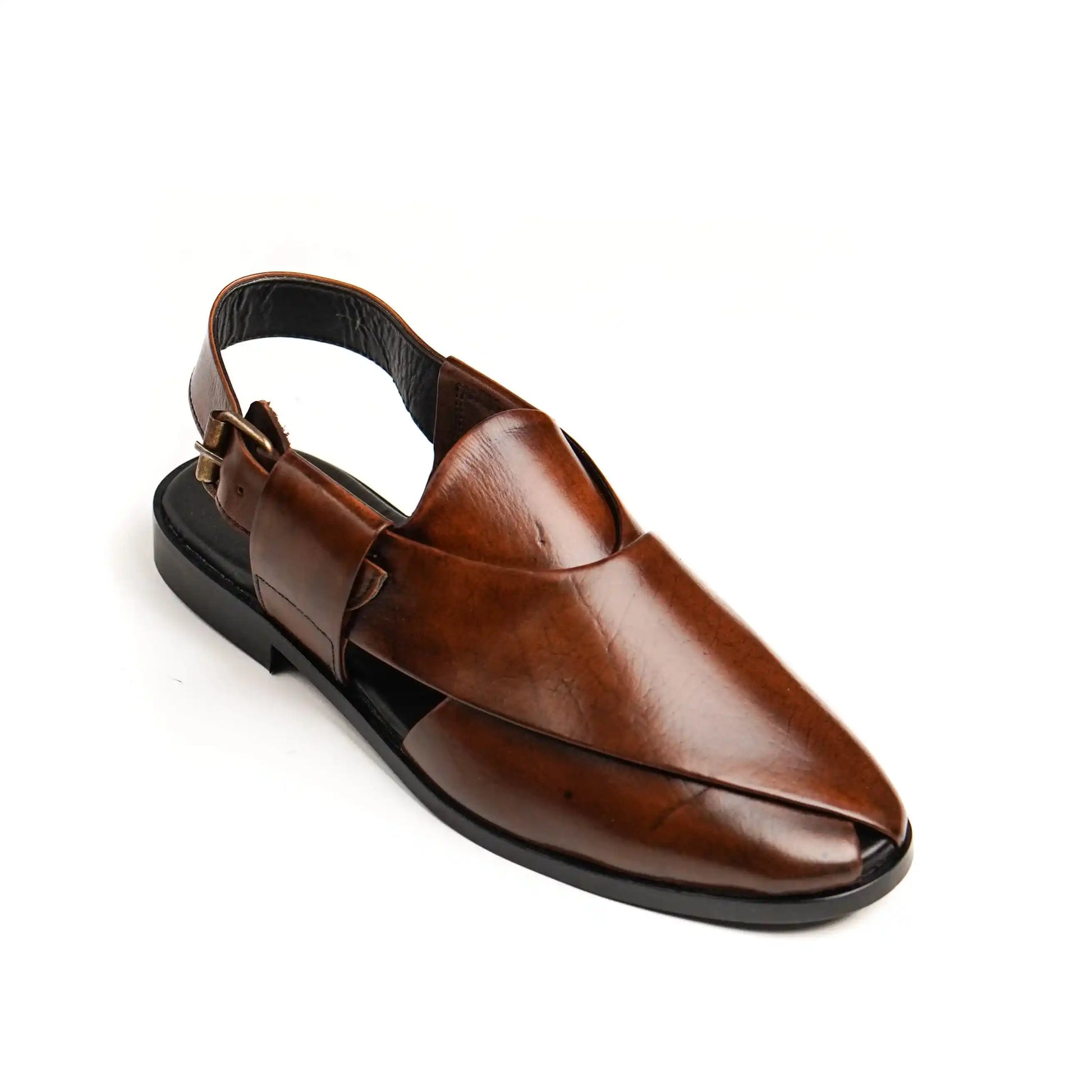 Side angle of NOVA Brown Peshawari Chappals for men, showcasing their elegant silhouette and refined design.
