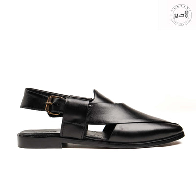 "Ladir Kaptaan Nova Black Sandal - Handcrafted Peshawari chappal with adjustable fit."