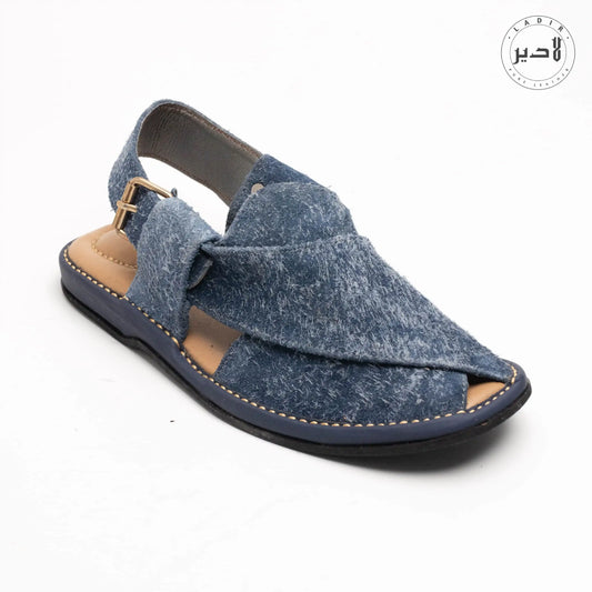 Angled shot of ROUND BLUE Peshawari Chappal highlighting the intricate stitching details.