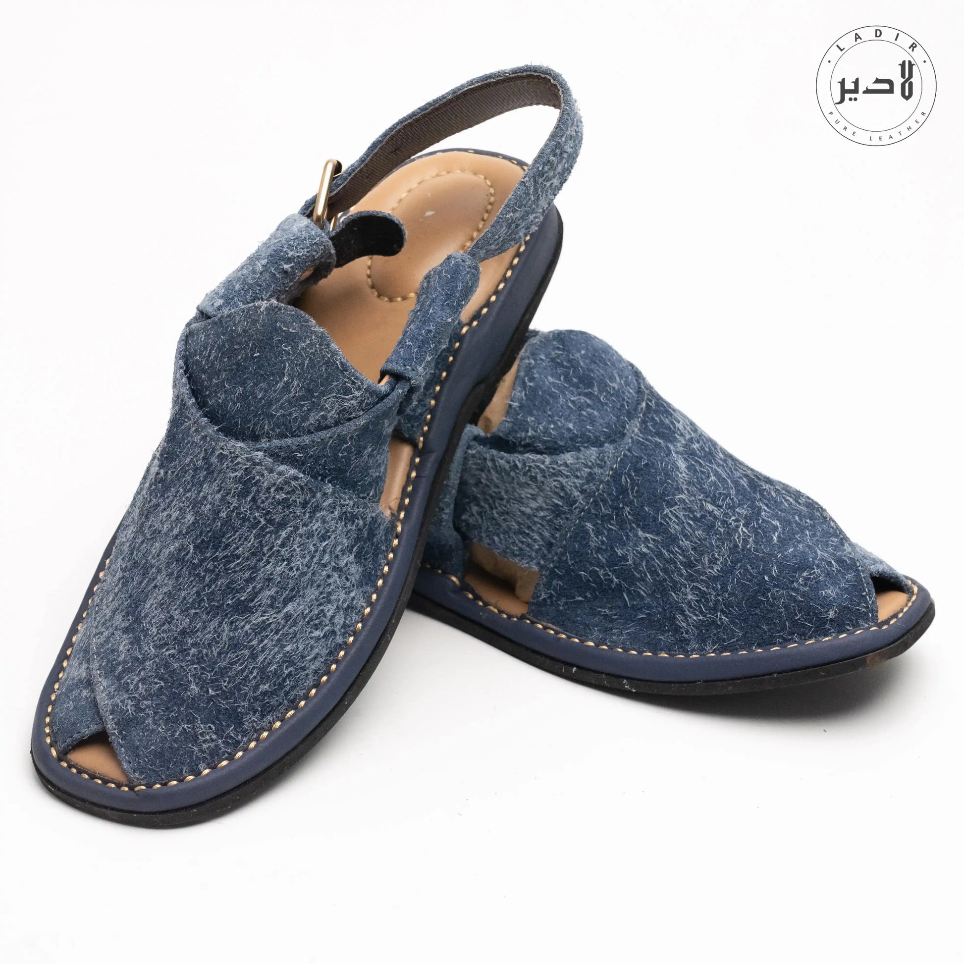 Top view of ROUND BLUE Peshawari Chappal emphasizing its elegant stitching and finish.
