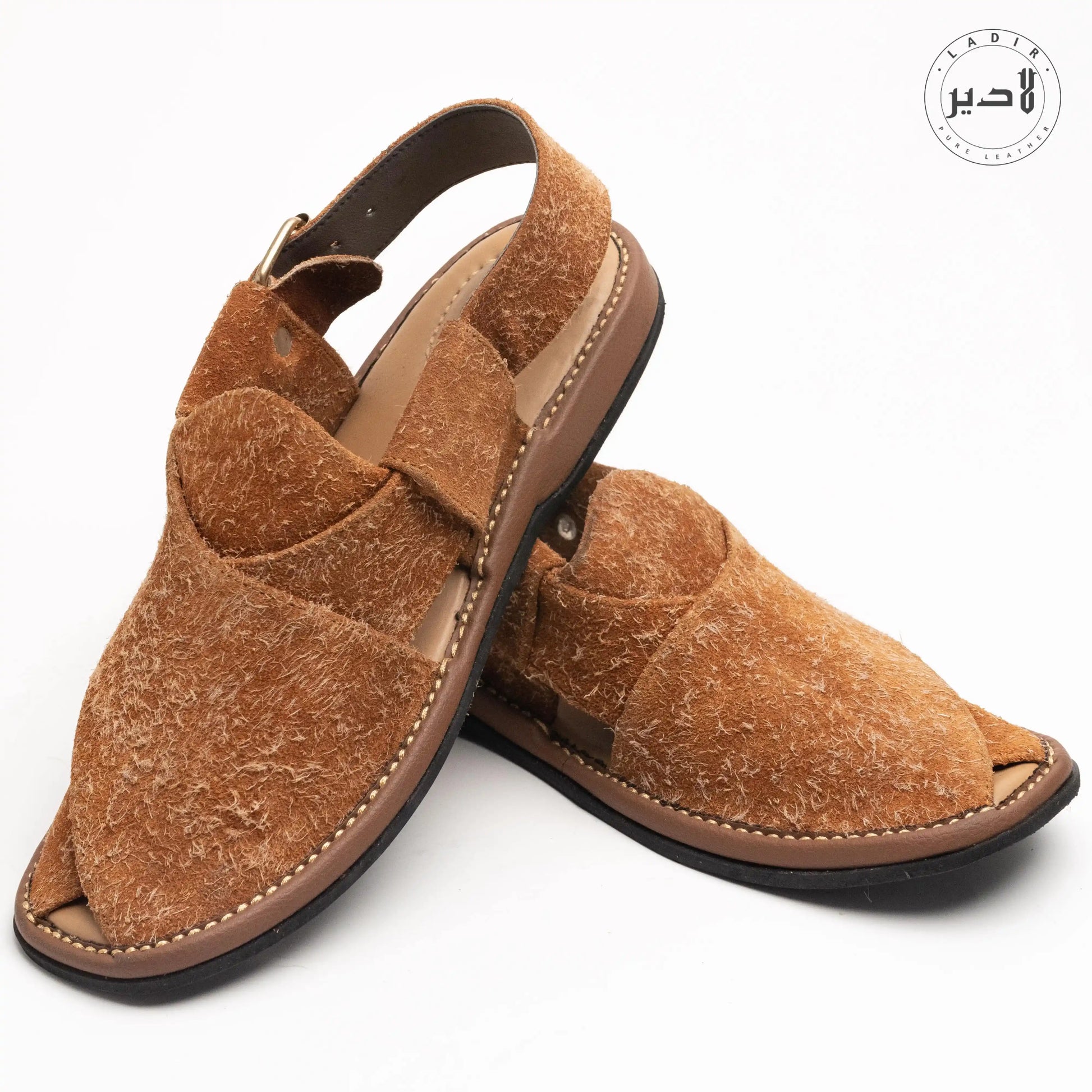 Top view of ROUND RUST Peshawari Chappal emphasizing its elegant stitching and finish.
