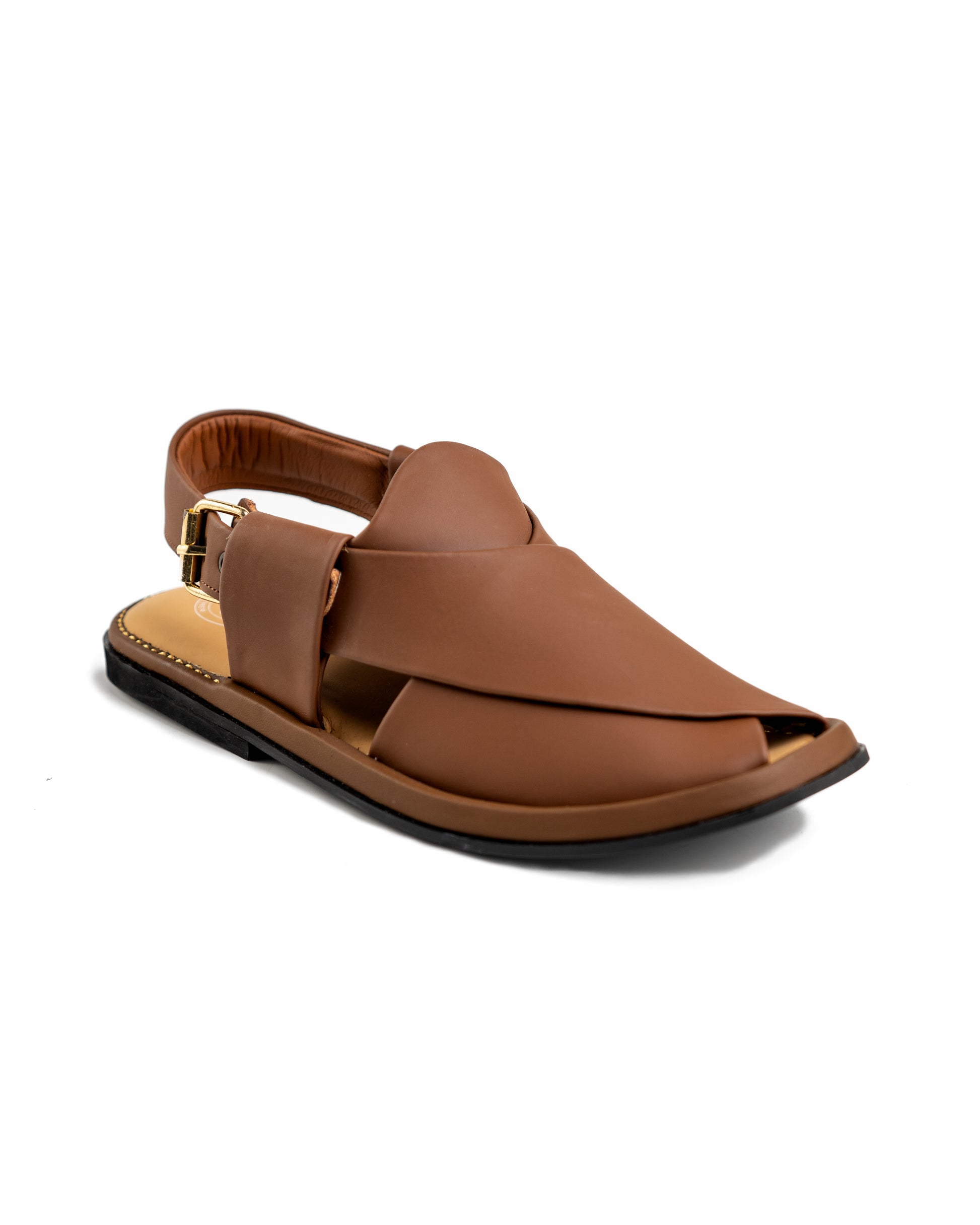 Front view of ROUND WALNUT Peshawari Chappal showcasing its rich walnut color and rounded design.