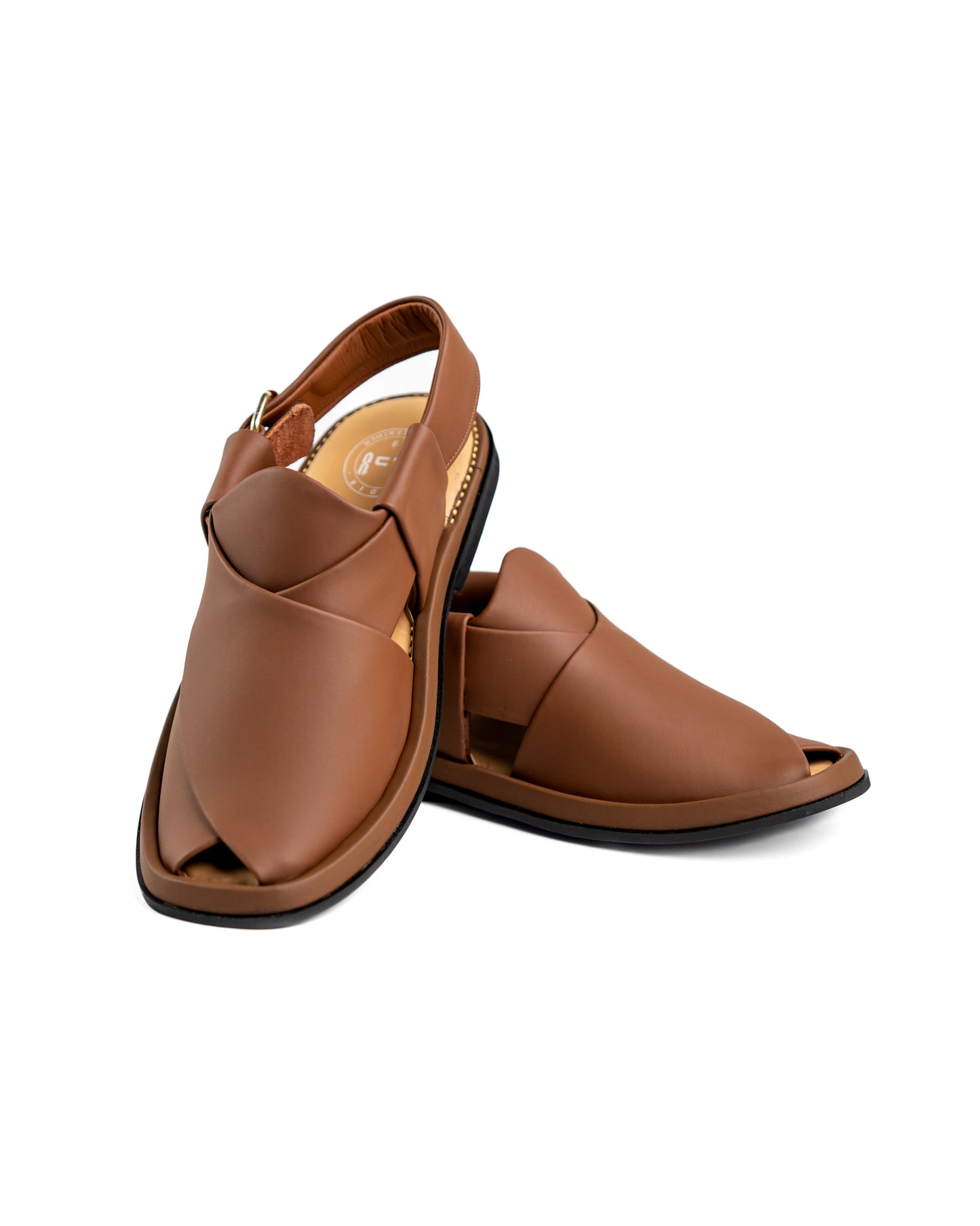 Top view of ROUND WALNUT Peshawari Chappal emphasizing its elegant stitching and finish.
