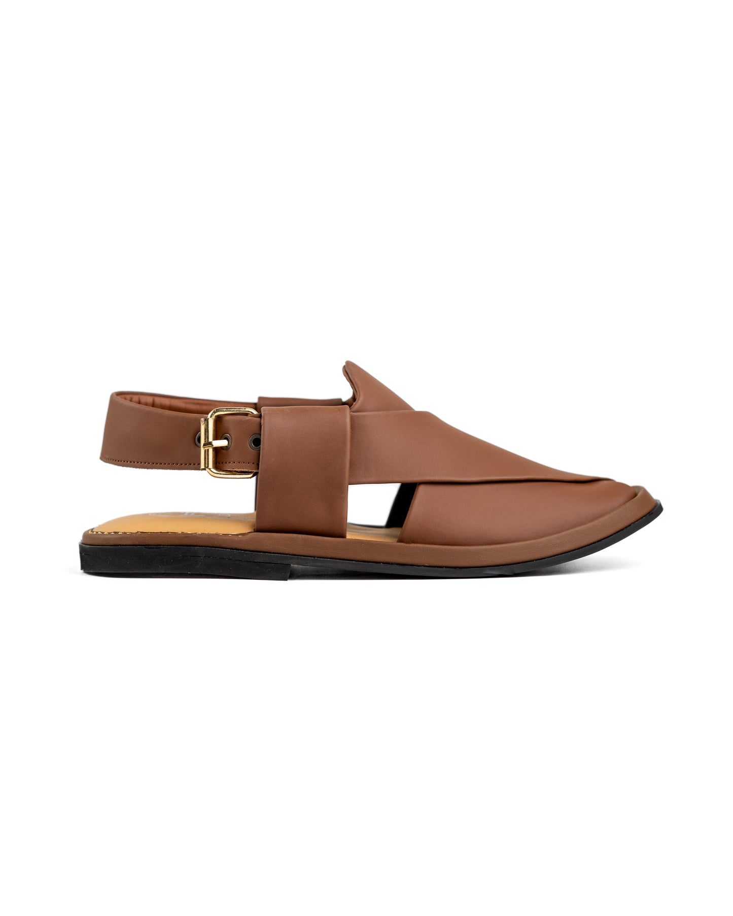 Side profile of ROUND WALNUT Peshawari Chappal emphasizing its unique rounded shape and classic design.