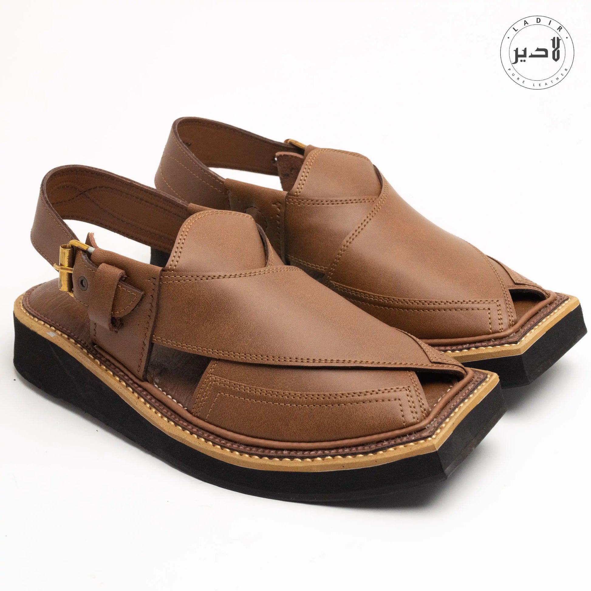 Angled shot of WALNUT BROWN Kaptaan Chappal emphasizing its handcrafted design and premium walnut brown finish.