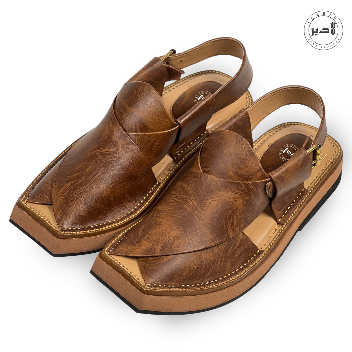 "LADIR Kaptaan Heel Double Brown Sandal - Top View of Peshawri Chappal"