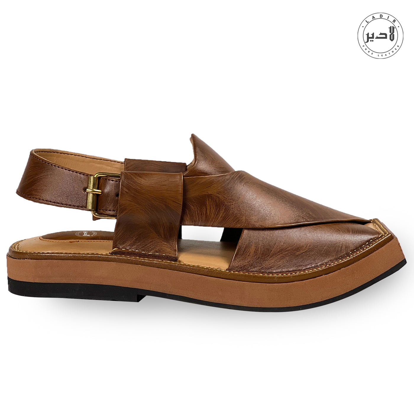 "LADIR Kaptaan Heel Double Brown Sandal - Side View of Peshawri Chappal"