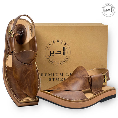 "LADIR Kaptaan Heel Double Brown Sandal - Front View of Peshawari Chappal Design"